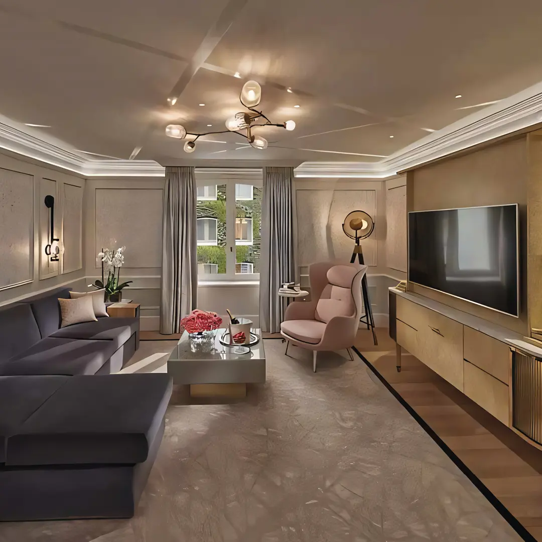 Compincar - project Hotel Mandarin Oriental London - view living space with TV and sofa