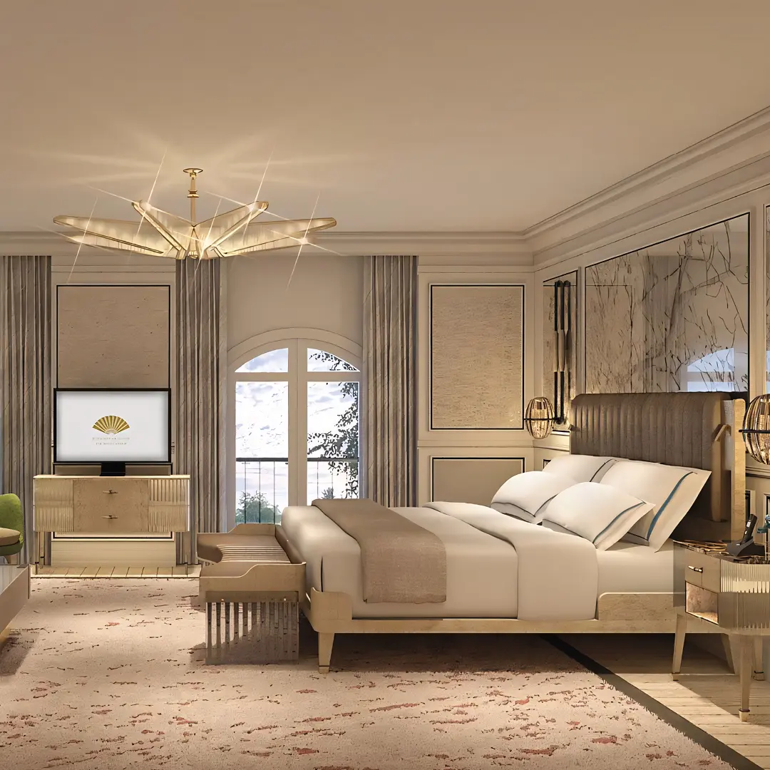 Compincar - project Hotel Mandarin Oriental London - view lateral bedroom starfish chandelier