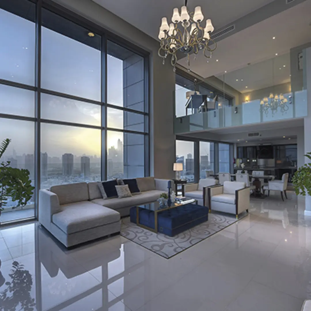Compincar - project RDK Towers Dubai - mezzanine view of living room and exterior view